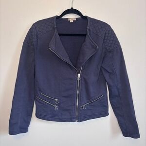 Gap Navy Blue Quilted Cotton Moto Jacket Sweatshirt Full Zip Silver  Womens M